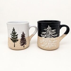Peppermint & Pine Ceramic Mug Set Speckled Stoneware Evergreen Tree Cabin Decor